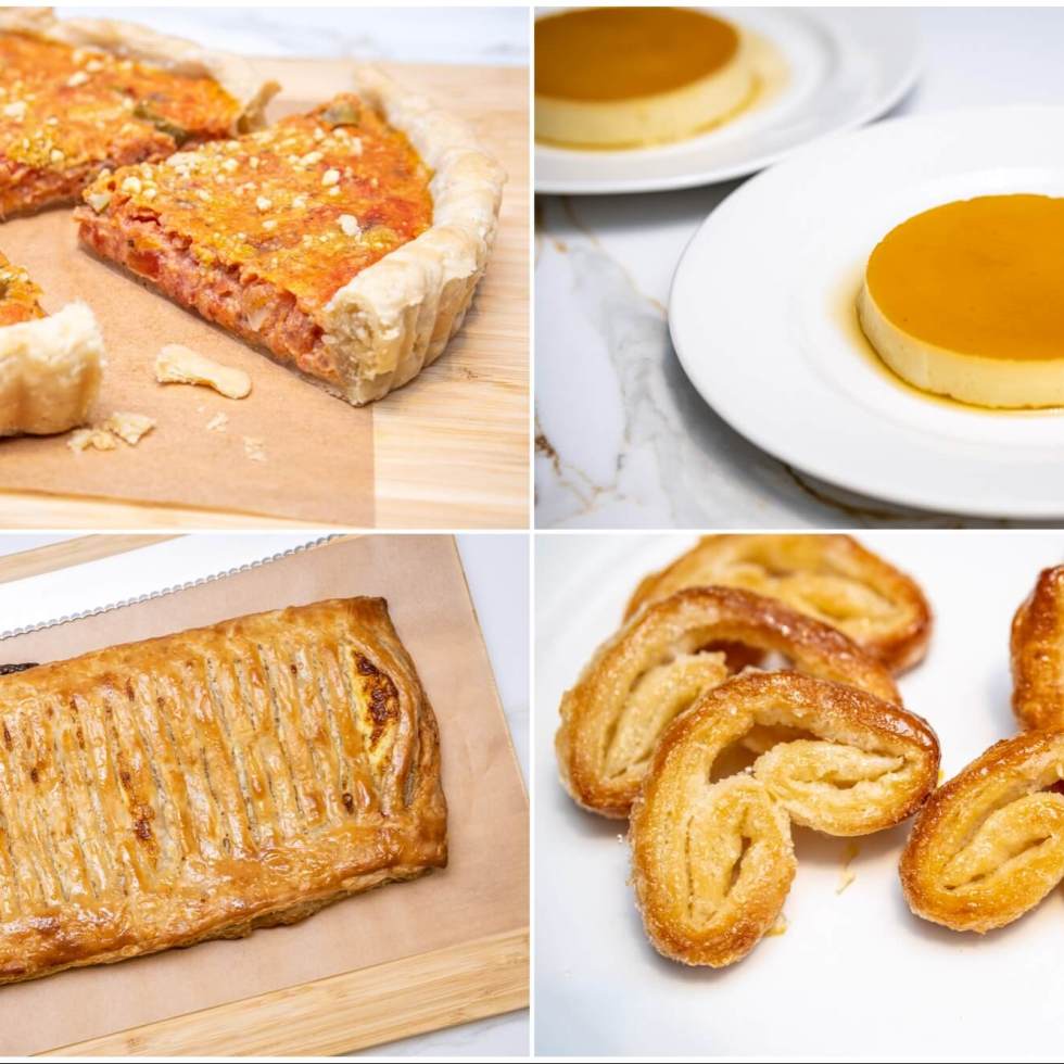 Selection of Julia Child recipes: Niçoise tomato quiche, blue cheese tart with puff pastry, crème caramel, and palmier cookies