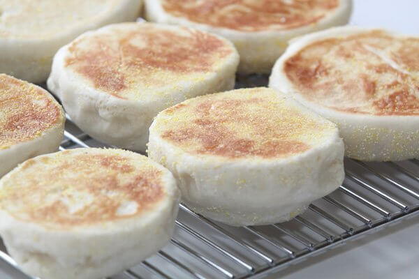 Freshly-baked sourdough English muffins