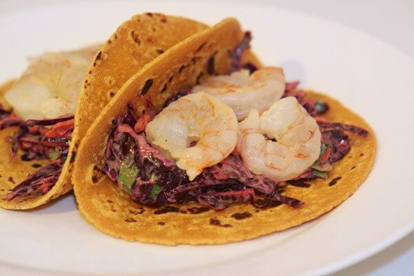 Shrimp tacos with spicy cabbage slaw