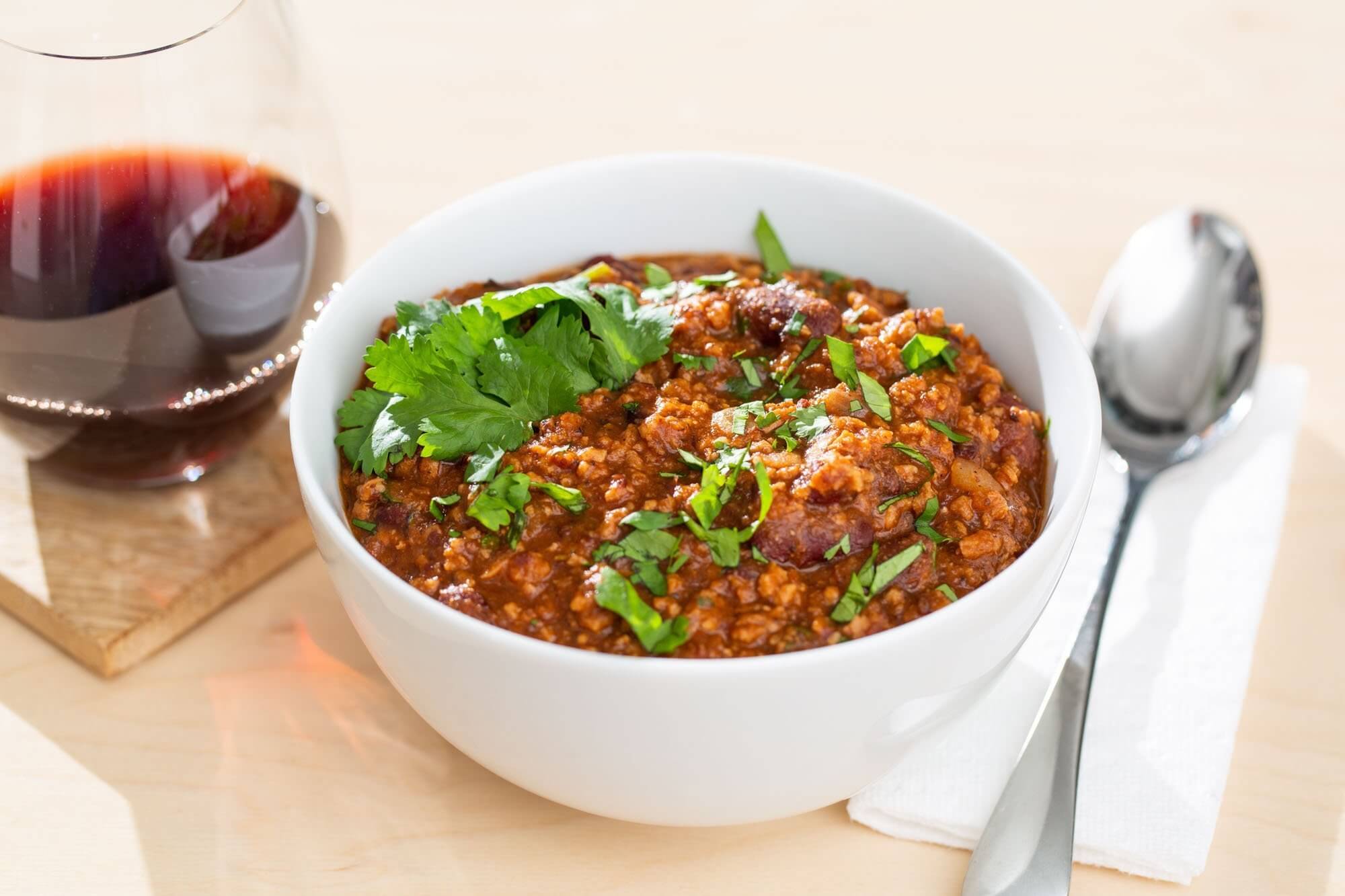 Vegan TVP chili, and a glass of red wine