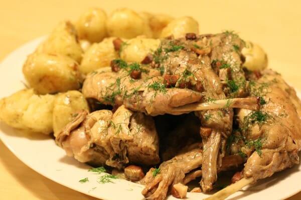 Braised rabbit with pan-roasted potatoes