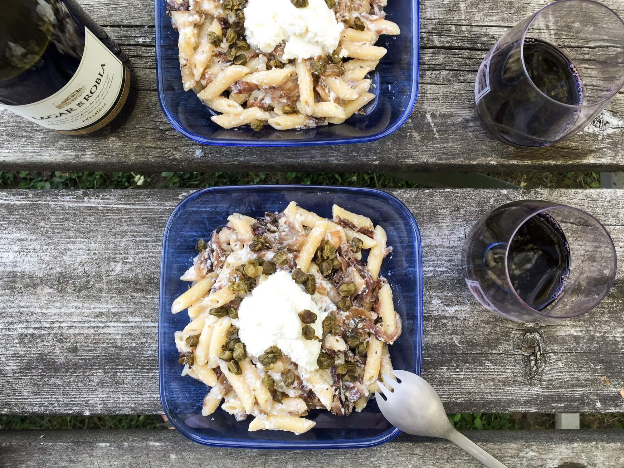 Penne with ricotta, caramelized onion, radicchio and capers