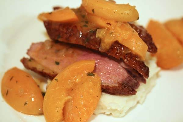 Duck breast with apricot-tarragon sauce and masked potatoes