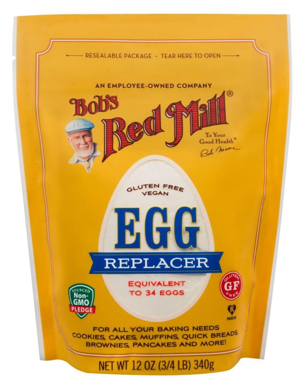 Bob’s Red Mill Egg Replacer is my go-to vegan substitute for eggs in most baking recipes
