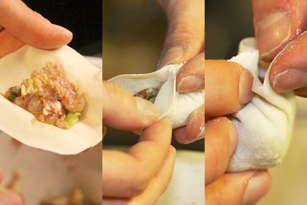 Filling and pleating Chinese pork and shrimp dumplings (jiao zi)