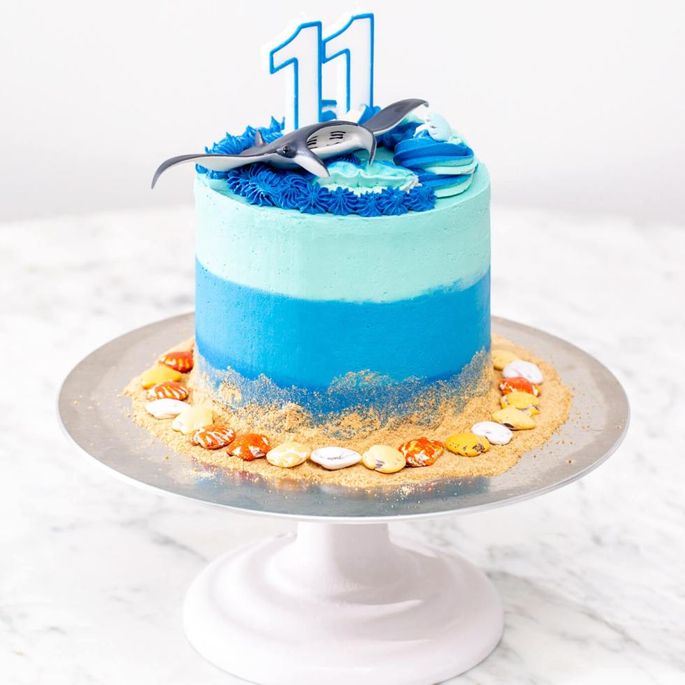 A blue cake decorated with an underwater theme featuring chocolate shells, graham crumb sand and a toy manta ray
