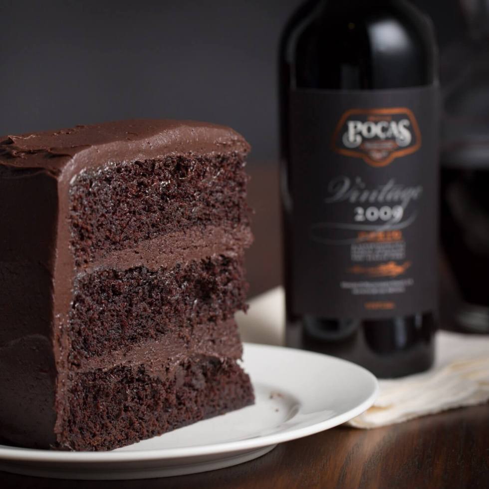 Hot chocolate layered cake paired with Pocas vintage port
